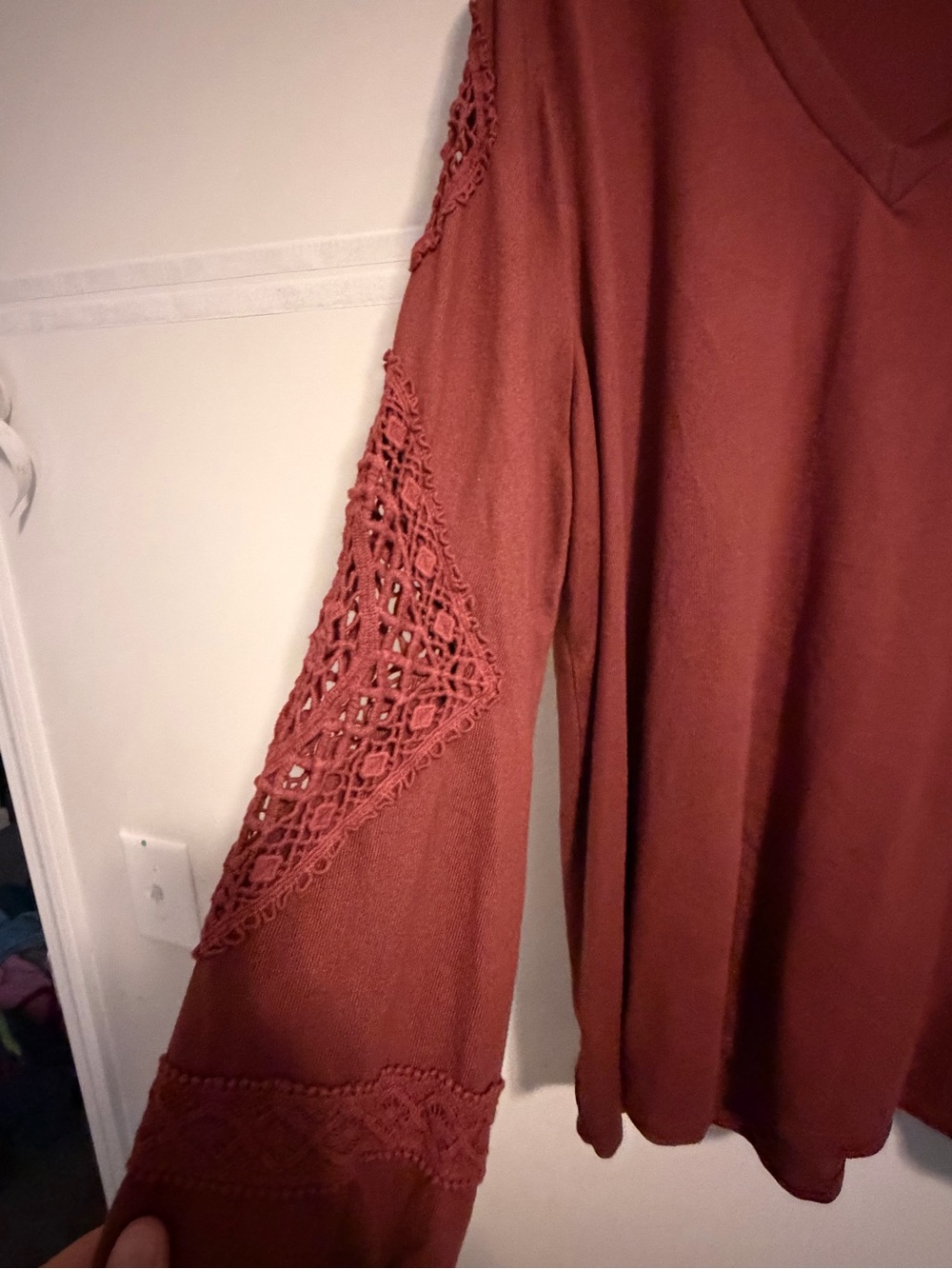 Maurices V-Neck Crochet Sleeve Pullover - Rust Brown - Picture 2 of 4